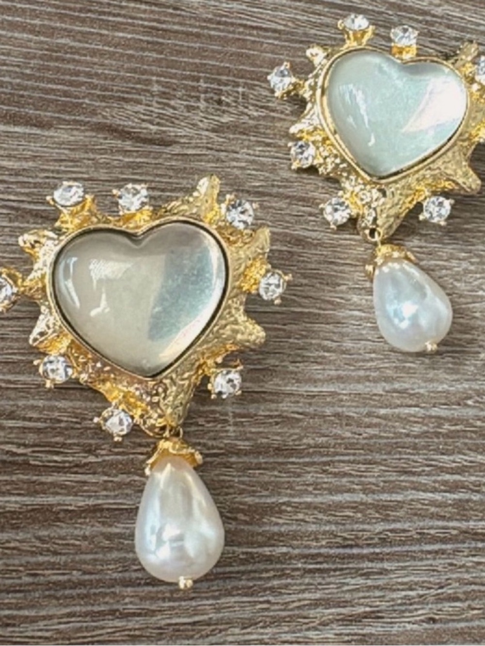 Gold Heart Drop Earrings with Pearl Teardrop